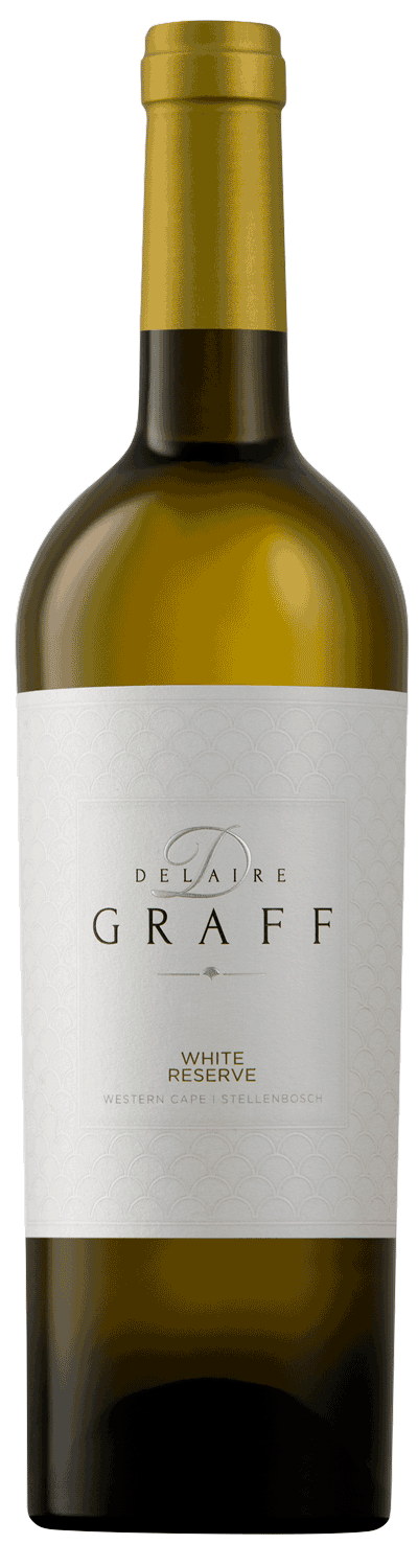 Eine Flasche Delaire Graff White Reserve Wein mit Goldfolie und einem weißen Etikett mit dem Markennamen und der Herkunft, aus Western Cape, Stellenbosch.