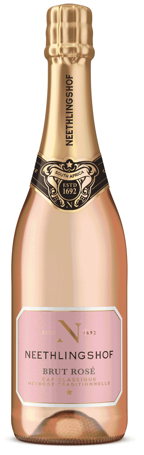Eine Flasche Neethlingshof Brut Rosé Sekt mit Goldfolie, rosa Etikett und eleganter schwarz-goldener Halsverzierung, mit der Aufschrift "Neethlingshof" und "Brut Rosé Méthode Cap Classique".