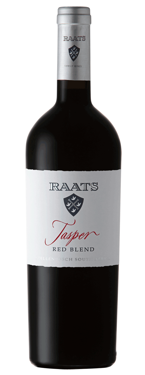 Eine Flasche Raats Jasper Red Blend Wein mit einem weißen Etikett, auf dem der Markenname, das Logo und die Produktangaben stehen. Die Kapsel ist silbern und der Etikettentext ist schwarz und rot.