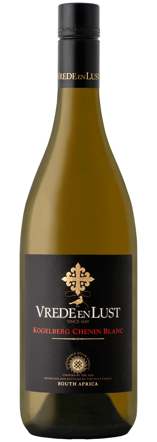 Eine Flasche Vrede en Lust Kogelberg Chenin Blanc mit einem schwarz-goldenen Etikett, auf dem das Logo der Weinkellerei und der Hinweis auf die Herkunft aus Südafrika stehen.