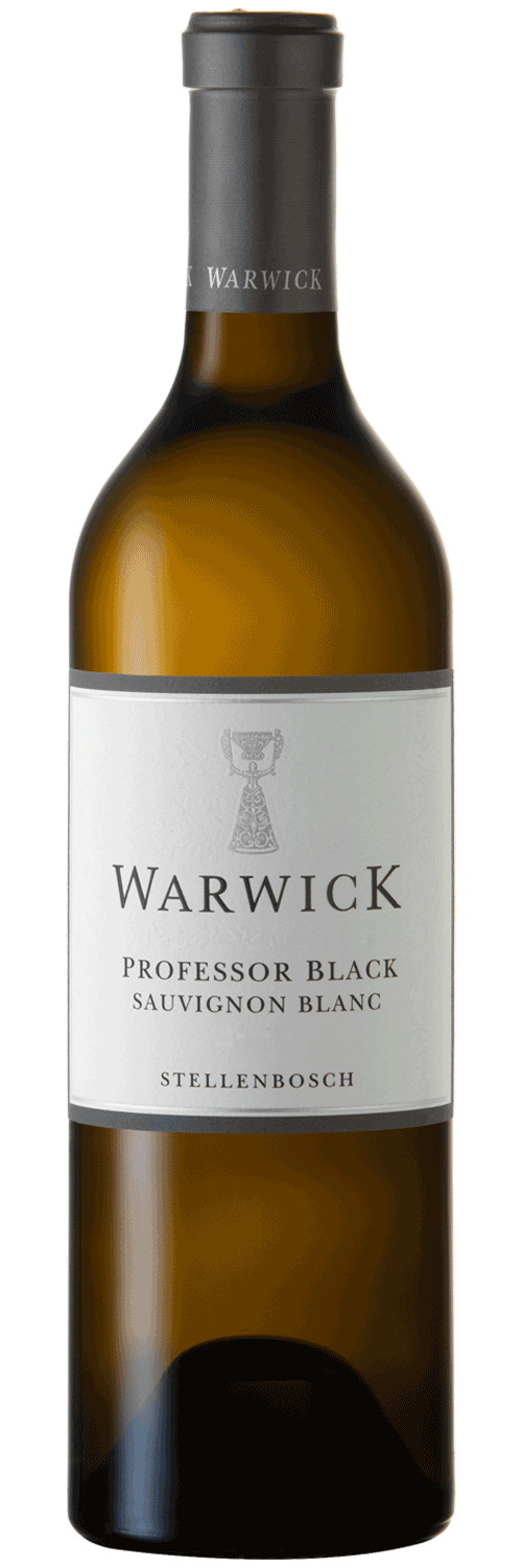 Eine Flasche Warwick Professor Black Sauvignon Blanc aus Stellenbosch mit einem silbernen Etikett mit dem Markennamen und dem Logo.