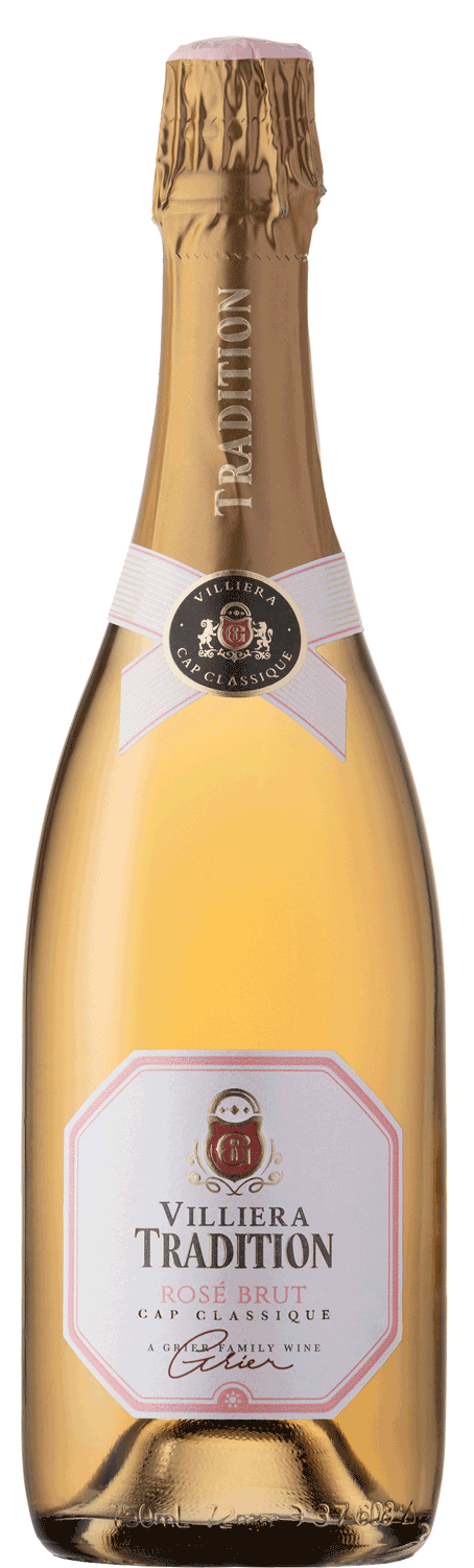 Eine Flasche Villiera Tradition Rosé Brut Sekt mit einem mit Goldfolie umwickelten Hals, einem rosa-weißen Etikett und einem rosa Schleifen-Siegel im oberen Bereich.