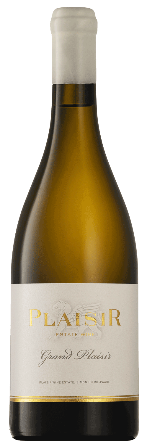 Eine Flasche des Weins Plaisir Estate Grand Plaisir mit einem weiß-goldenen Etikett und einem weißen Folienverschluss vor einem schlichten weißen Hintergrund.