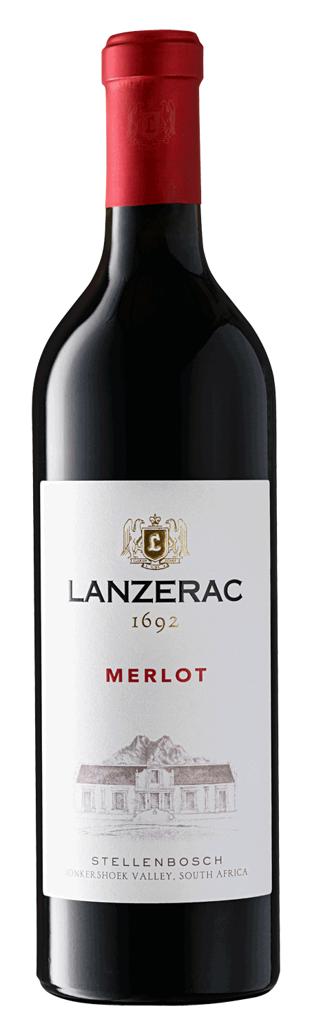 Eine Flasche Lanzerac-Merlot-Wein mit rotem Foliendach, weißem Etikett mit dem Lanzerac-Wappen, 1692, MERLOT in Rot und einer Abbildung eines Gebäudes. Auf dem Etikett steht Stellenbosch, Südafrika.