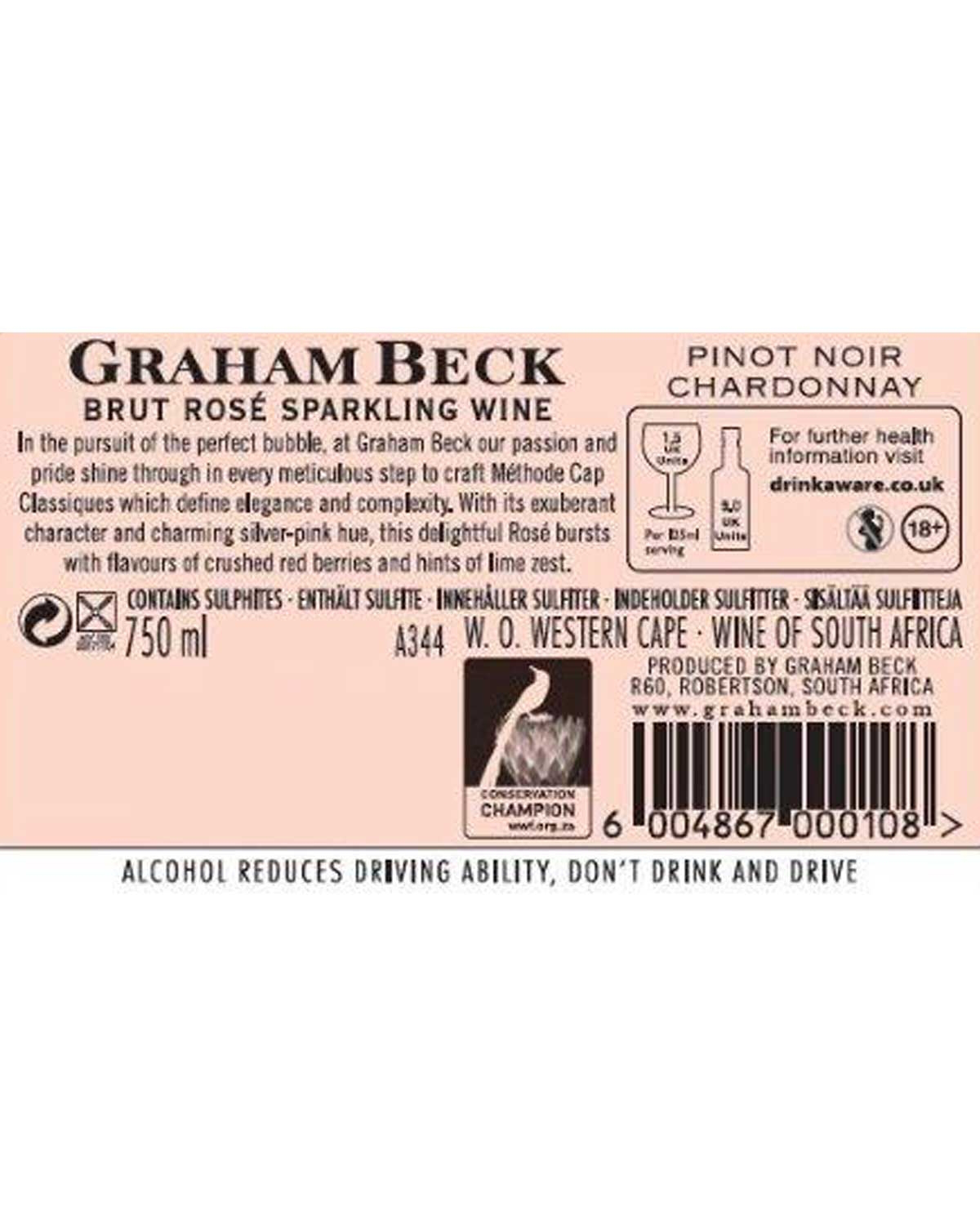 Etikett für Graham Beck Brut Rosé Sparkling Wine, 750ml, aus Western Cape, Südafrika, mit Produktdetails, Zutaten, einem Strichcode und einer Gesundheitswarnung zum Alkoholkonsum.