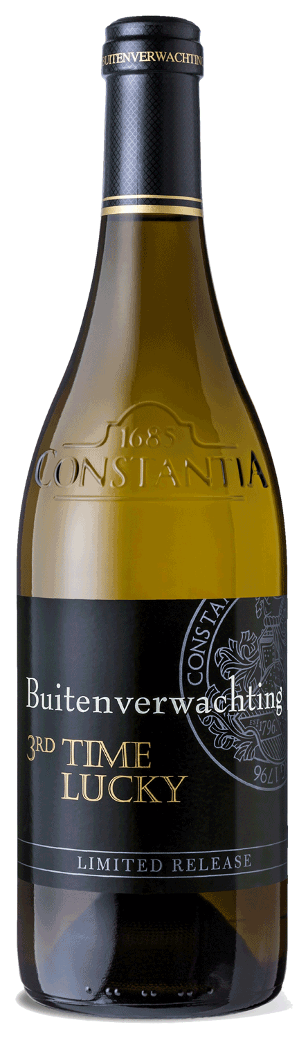 Eine Flasche Buitenverwachting 3rd Time Lucky Wein mit einem dunklen Etikett mit goldenem und weißem Text, einschließlich Limited Release und einem geprägten Siegel, vor einem einfarbigen Hintergrund.