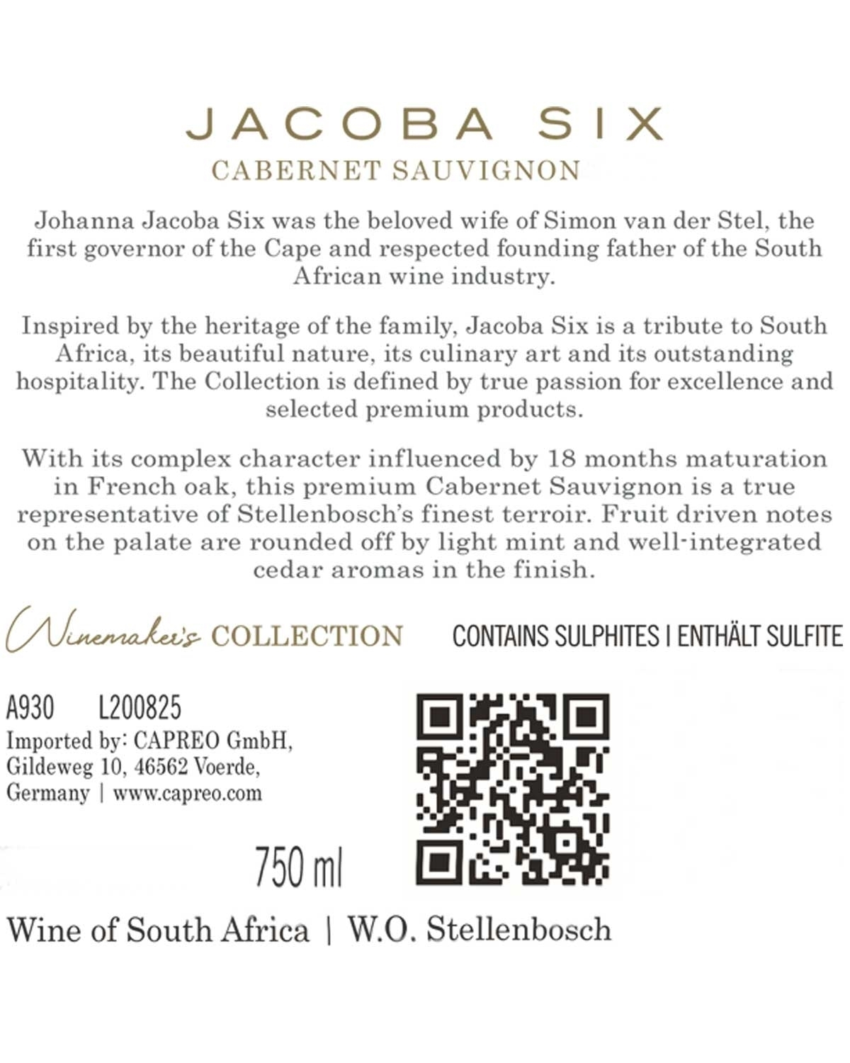 Weinetikett für Jacoba Six Cabernet Sauvignon mit Text, der das Erbe, die Noten und die Herkunft des Weins in Stellenbosch, Südafrika, beschreibt. Enthält Sulfite, 750 ml. Mit Angaben zum Importeur und Hersteller.