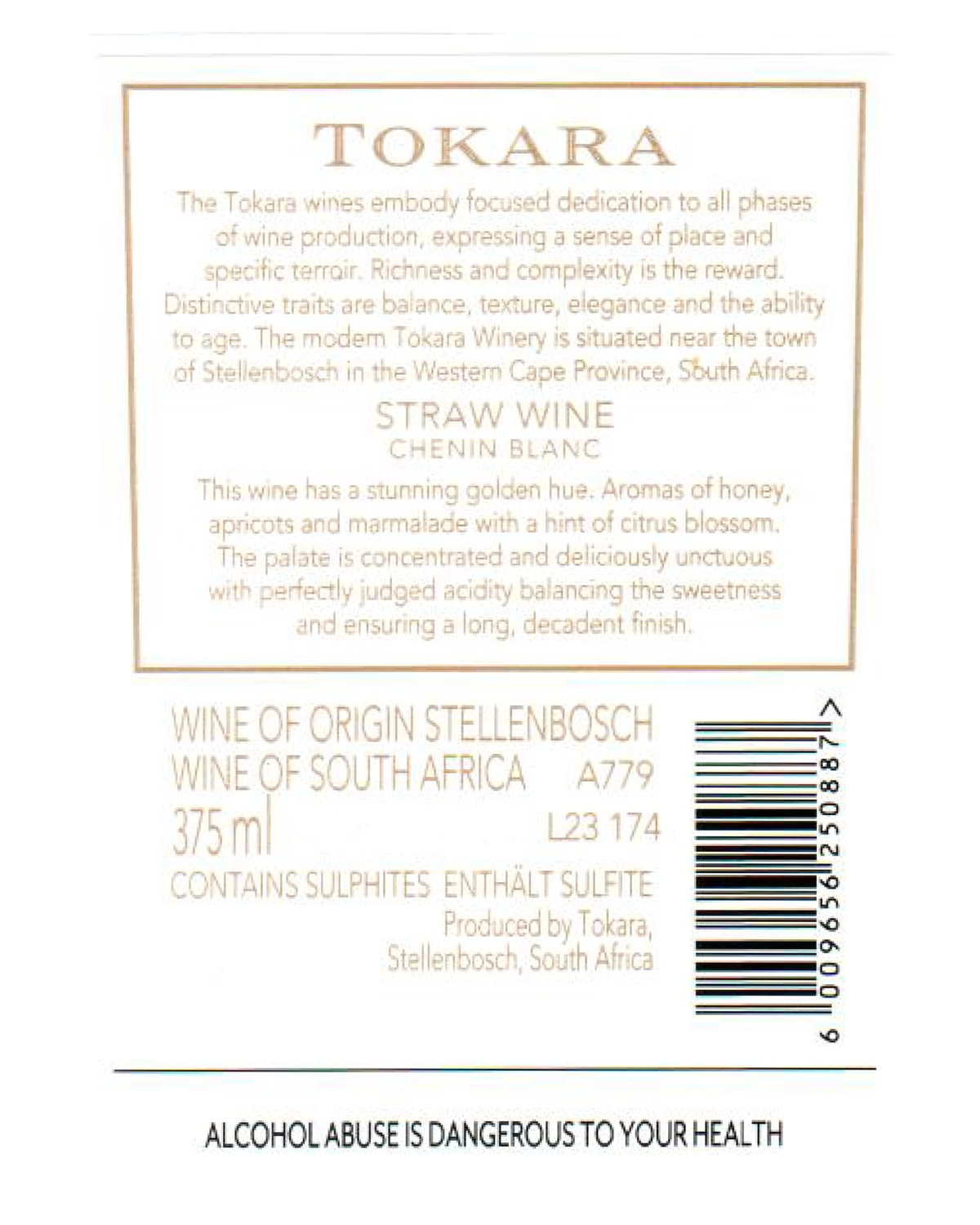 Eine Flasche Tokara Straw Wine Chenin Blanc aus Südafrika mit einem goldenen Folienverschluss und einem weißen Etikett mit goldenen Akzenten und Text.