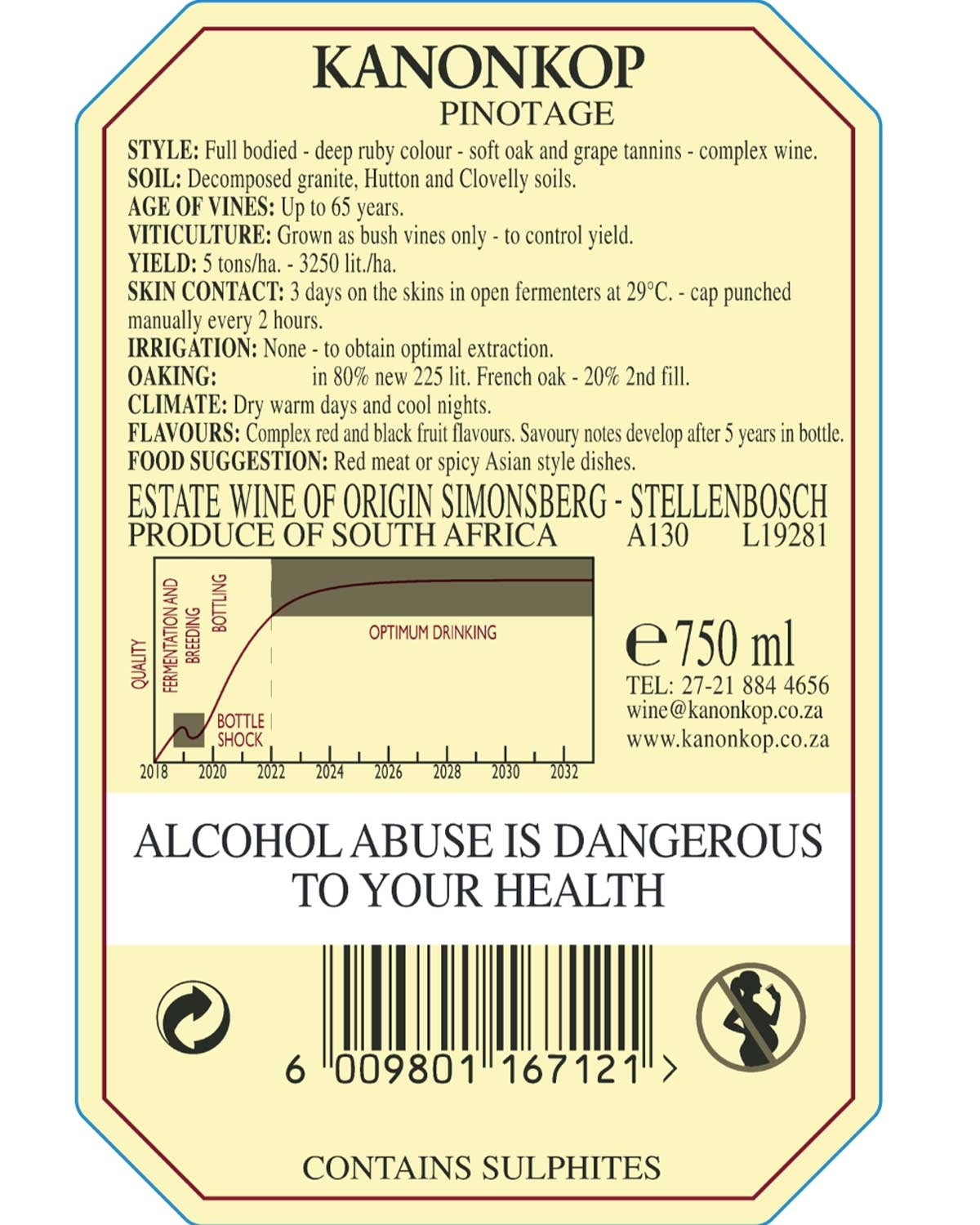 Hinteres Weinetikett für Kanonkop Pinotage mit Informationen über den Wein, Angaben zum Weinberg, Trinkrichtlinien, Alkoholwarnung, Strichcode und dem Text "Enthält Sulfite". Cremefarbener Hintergrund mit schwarzem und rotem Text und kleiner Illustrati