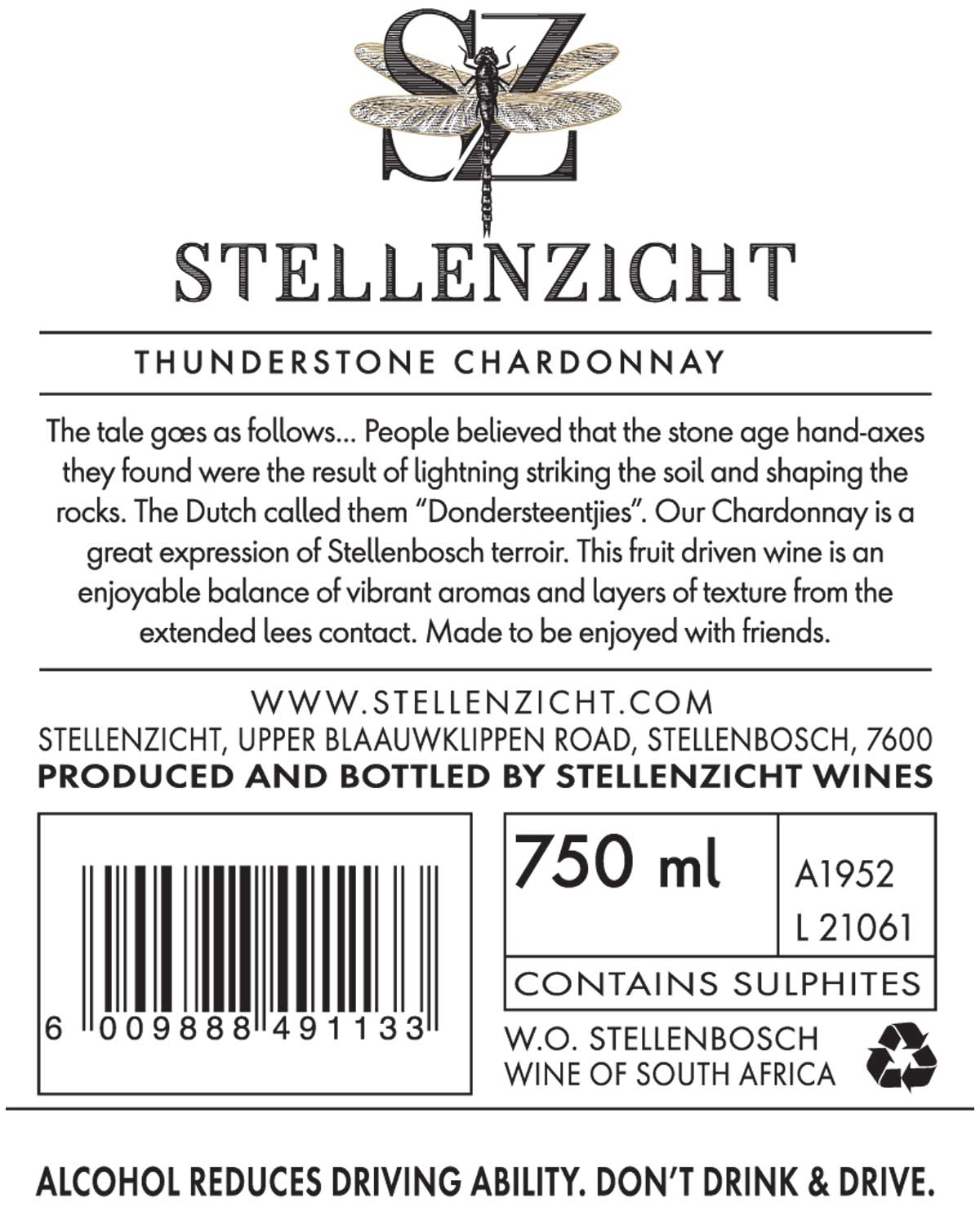 Weinflaschenetikett für Stellenzicht Thunderstone Chardonnay. Enthält ein Libellenlogo, einen beschreibenden Text über den Wein, Barcode, Volumen (750 ml), Sulfit-Warnung, Herkunft (Stellenbosch, Südafrika) und den Hinweis "drink responsibly".