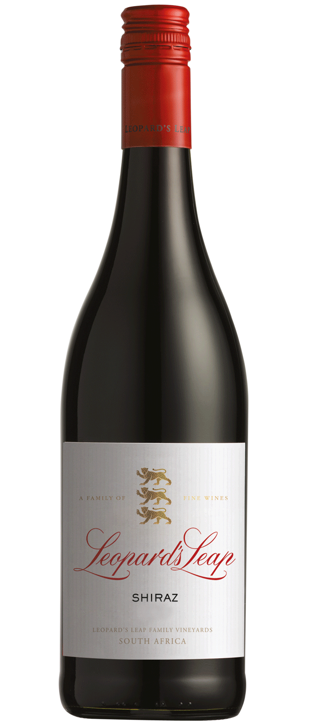 Eine Flasche Leopard's Leap Shiraz Rotwein mit einem roten Schraubverschluss und einem weißen Etikett mit goldener und roter Schrift und einem goldenen Leoparden-Emblem. Auf dem Etikett steht, dass er aus Südafrika stammt.