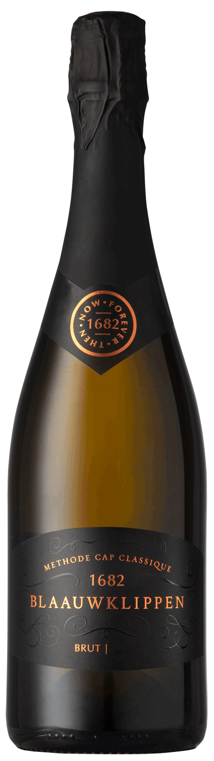 Eine Flasche Blaauwklippen Method Cap Classique Brut Sekt mit einem schwarz-goldenen Etikett mit der Aufschrift 1682 und Blaauwklippen auf der Vorderseite. Die Flasche ist mit schwarzer Folie versiegelt.