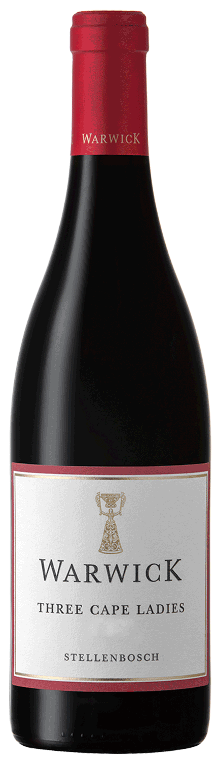 Eine Flasche Warwick Three Cape Ladies Rotwein aus Stellenbosch mit einem rot-weißen Etikett mit goldenen Akzenten und einer roten Folienkapsel über dem Korken.