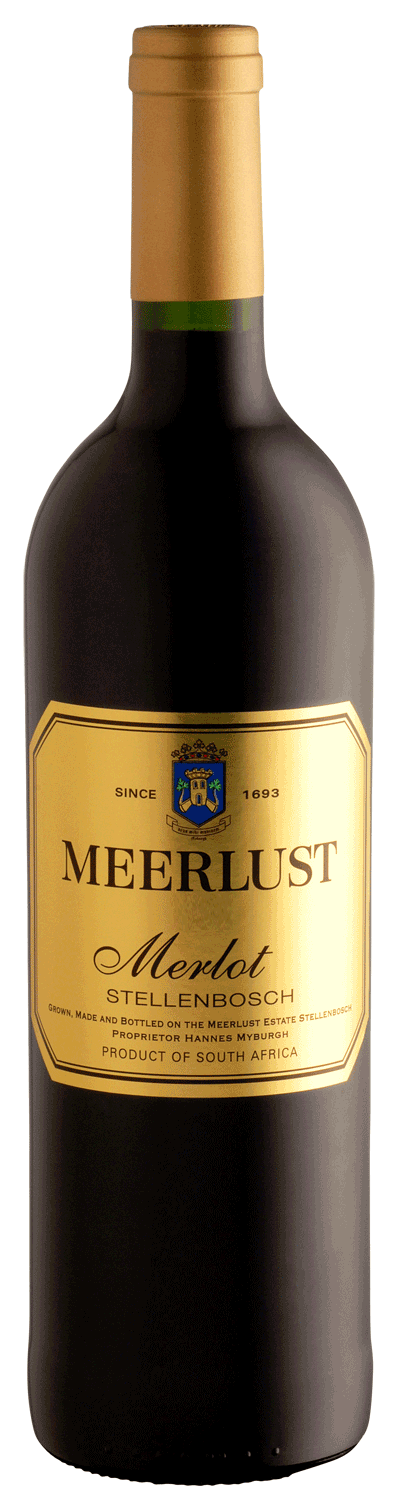 Eine Flasche Meerlust-Merlot-Wein aus Stellenbosch, Südafrika, mit einem Deckel aus Goldfolie und einem goldenen Etikett mit dem Meerlust-Logo und Produktangaben.
