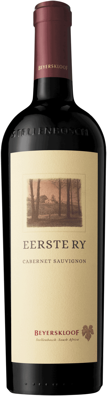 Eine Flasche Beyerskloof Eerste Ry Cabernet Sauvignon mit kastanienbraunem Foliendach, beigefarbenem Etikett mit sepiafarbener Landschaft und einem Text, der den Namen des Weins und seine Herkunft aus Stellenbosch, Südafrika, angibt.