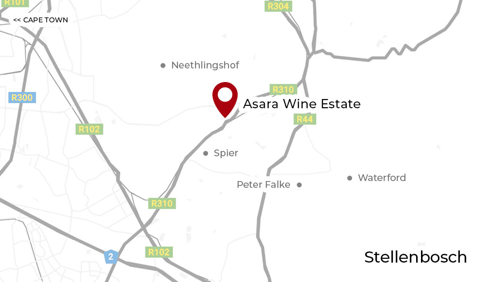 Eine einfache Karte, die die Lage von Asara Wine Estate in der Nähe von Stellenbosch, Südafrika, mit den nahe gelegenen Straßen R310 und R44 und Sehenswürdigkeiten wie Spier und Peter Falke zeigt. Kapstadt ist in der oberen linken Ecke eingezeichnet.