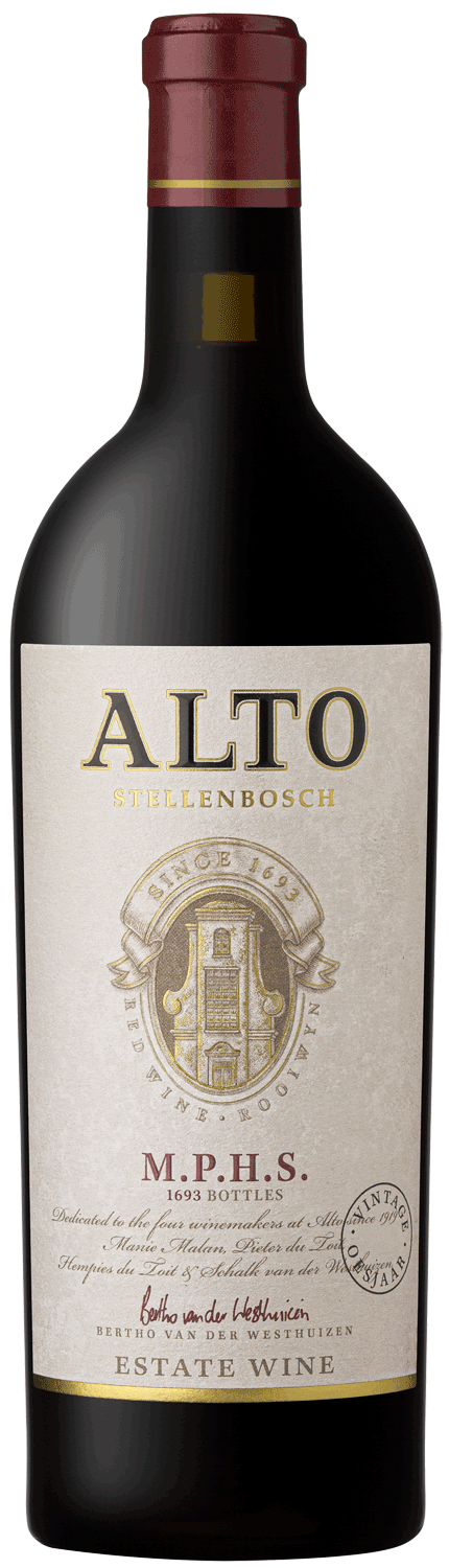 Eine Flasche Alto Stellenbosch Rotwein mit einem cremefarbenen Etikett mit goldener und weinroter Schrift, einem Wappen und der Aufschrift Estate Wine am unteren Rand. Die Flasche ist mit einer kastanienbraunen Folie verschlossen.