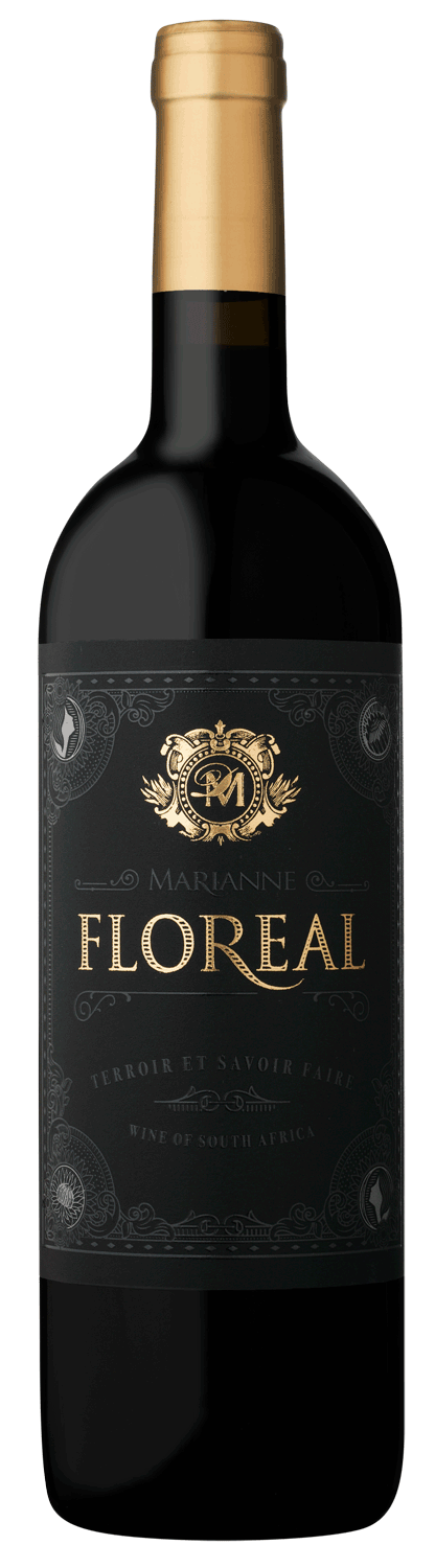 Eine Flasche Marianne Floreal Rotwein mit einem schwarz-goldenen, verzierten Etikett, Goldfolie am Hals und einem Text, der darauf hinweist, dass es sich um einen Wein aus Südafrika handelt.