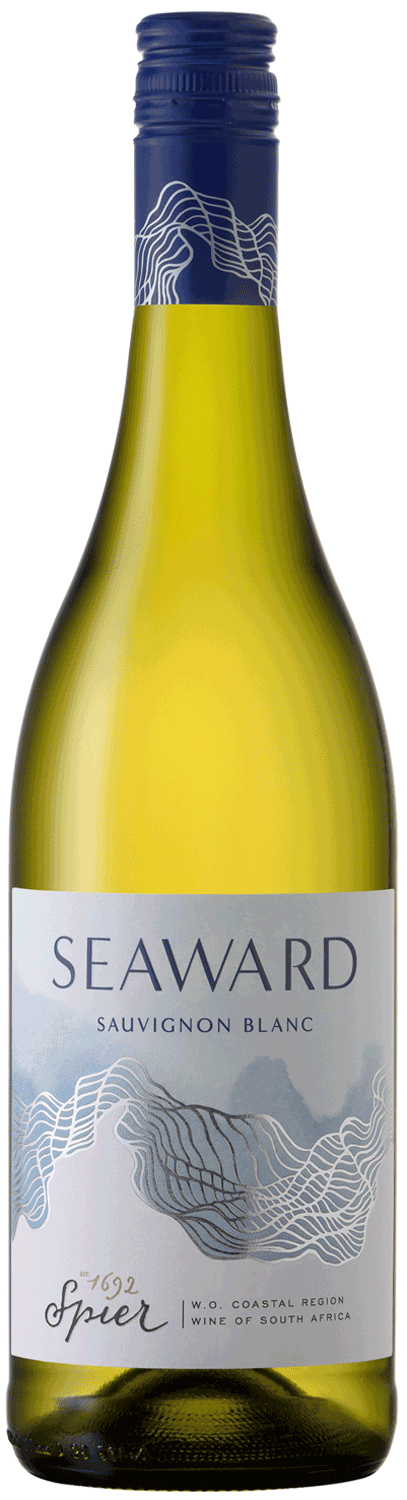 Eine Flasche Seaward Sauvignon Blanc mit einem blauen Schraubverschluss und einem Etikett mit wellenförmigen Motiven, dem Markennamen "Seaward" und einem Text, der angibt, dass der Wein aus Spier, Südafrika, stammt.