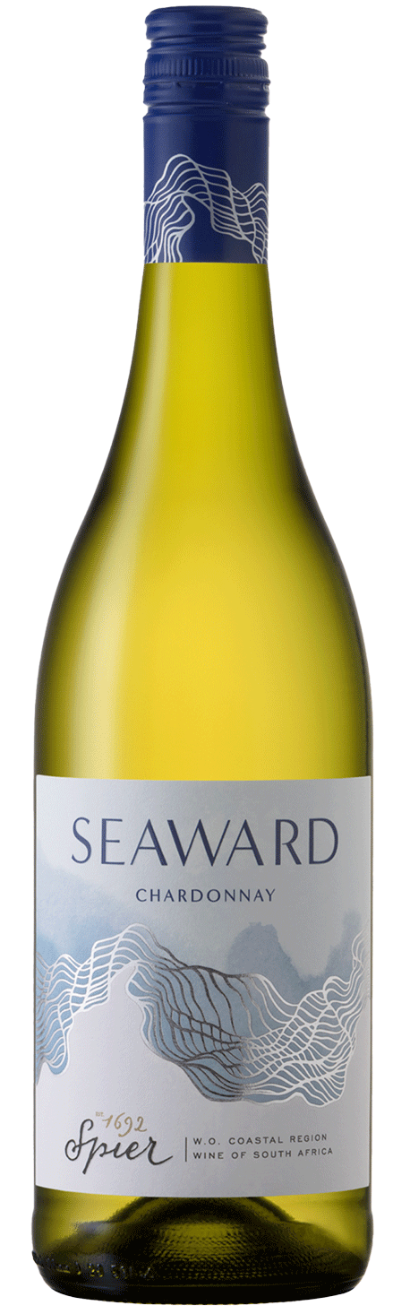 Eine Flasche Spier Seaward Chardonnay Wein mit hellgelber Farbe, blau-weißem Etikett und Verschluss sowie einer Grafik mit Küstenmotiven.