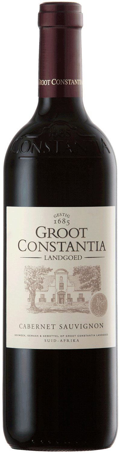 Eine Flasche Groot Constantia Landgoed Cabernet Sauvignon Rotwein mit einem detaillierten Etikett mit einer Gebäudeillustration und Text in Englisch und Afrikaans.