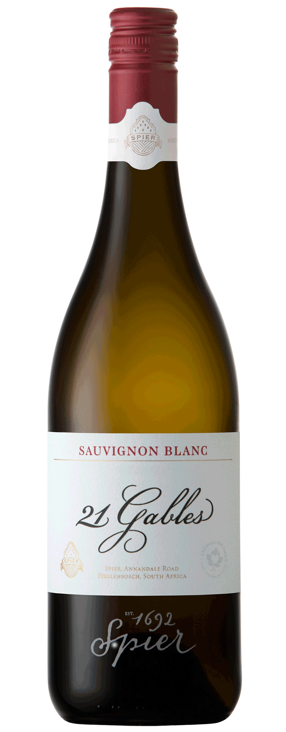 Eine Flasche Spier 21 Gables Sauvignon Blanc mit rotem Folienverschluss und weißem Etikett mit goldener und schwarzer Schrift. Auf dem Etikett steht, dass der Wein aus Stellenbosch, Südafrika, stammt.