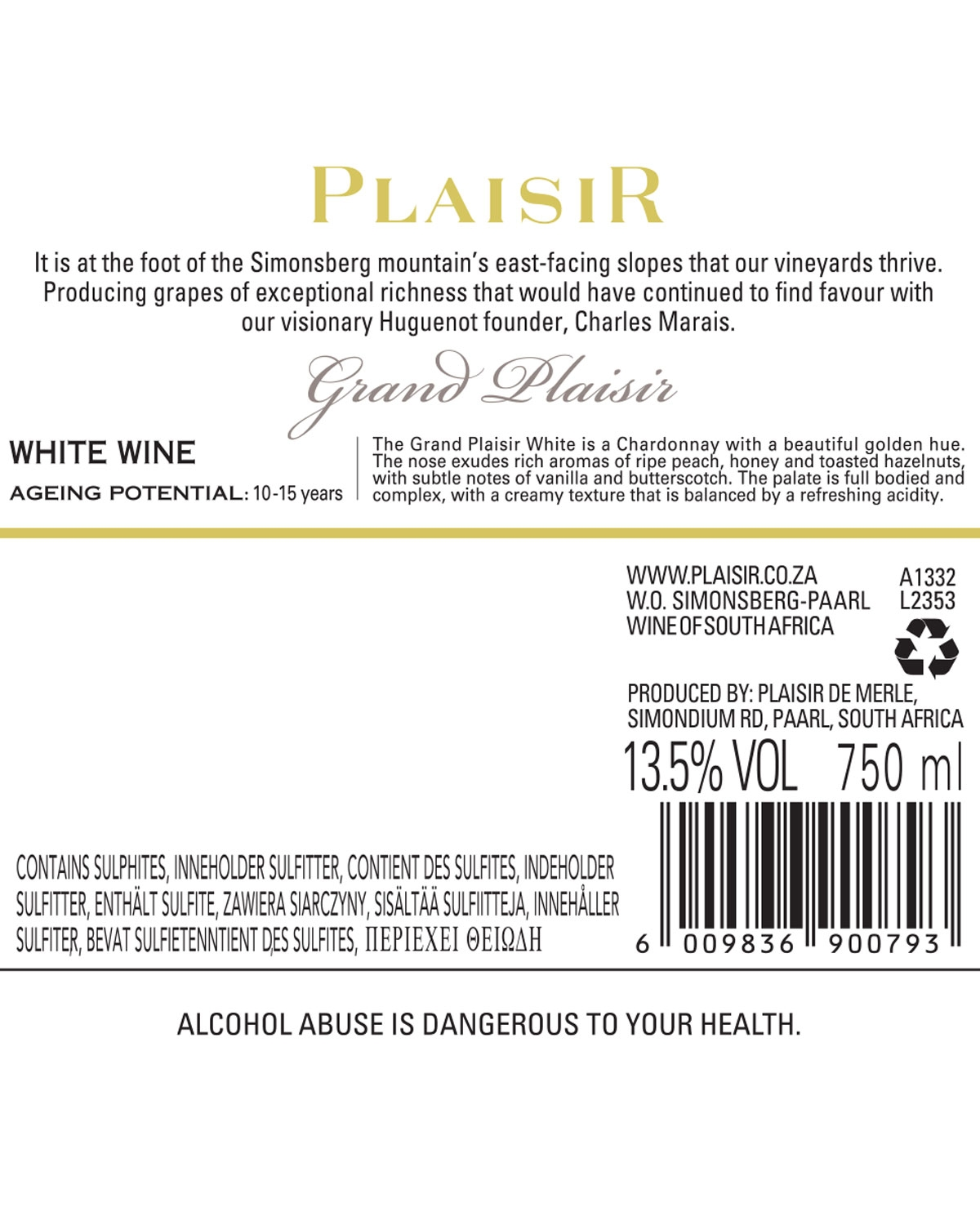 Weinflaschenetikett für Plaisir Grand Plaisir aus Südafrika mit Angaben zum Wein, zum Alkoholgehalt (13,5% VOL), zum Volumen (750 ml), zum Alterungspotenzial (10-15 Jahre) und mit einer Warnung vor Alkoholmissbrauch.