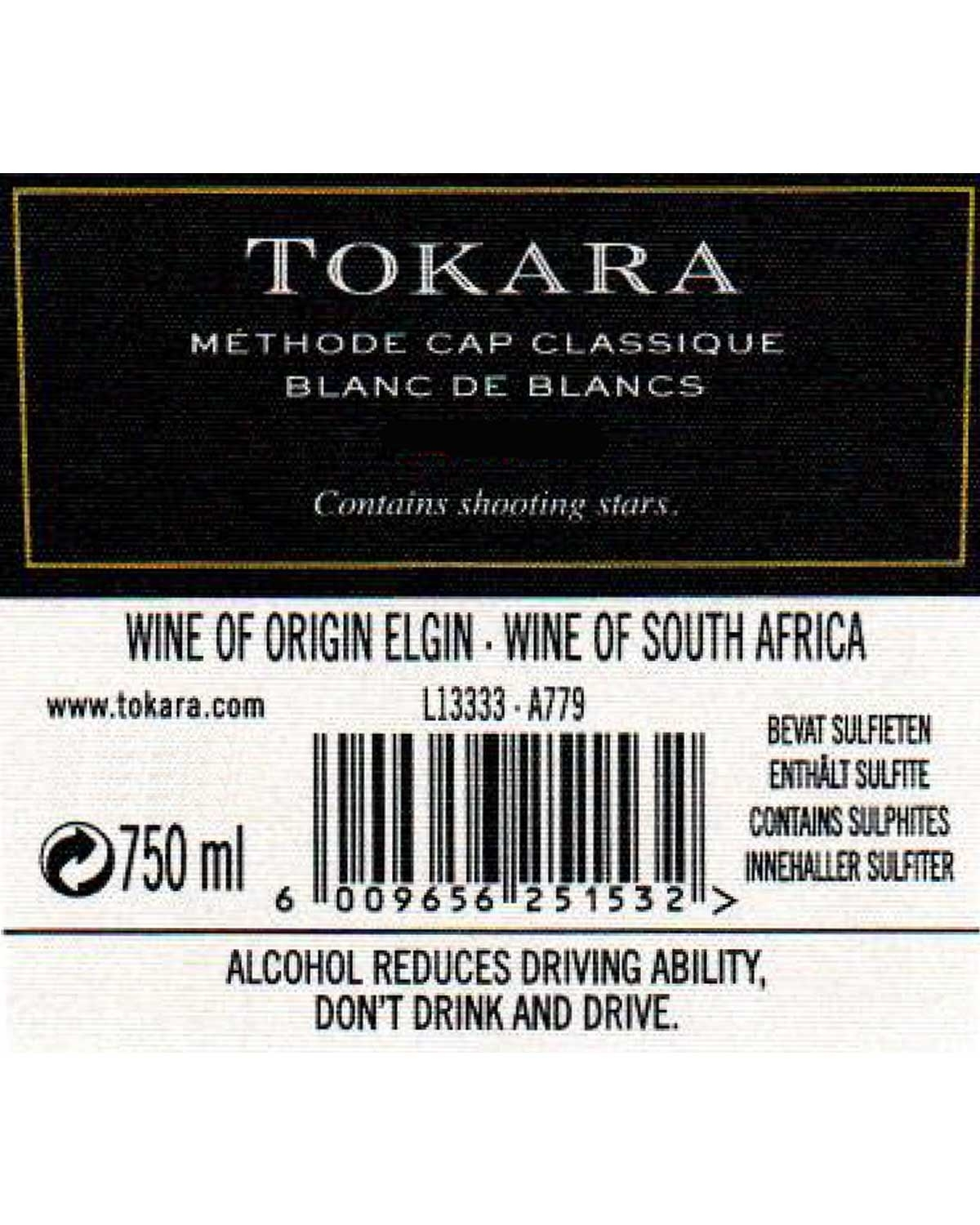 Etikett einer Tokara Méthode Cap Classique Blanc de Blancs Weinflasche mit der Angabe der Herkunft Elgin, Südafrika, 750 ml Inhalt und einer Warnung: Alkohol beeinträchtigt die Fahrtüchtigkeit, nicht trinken und fahren.