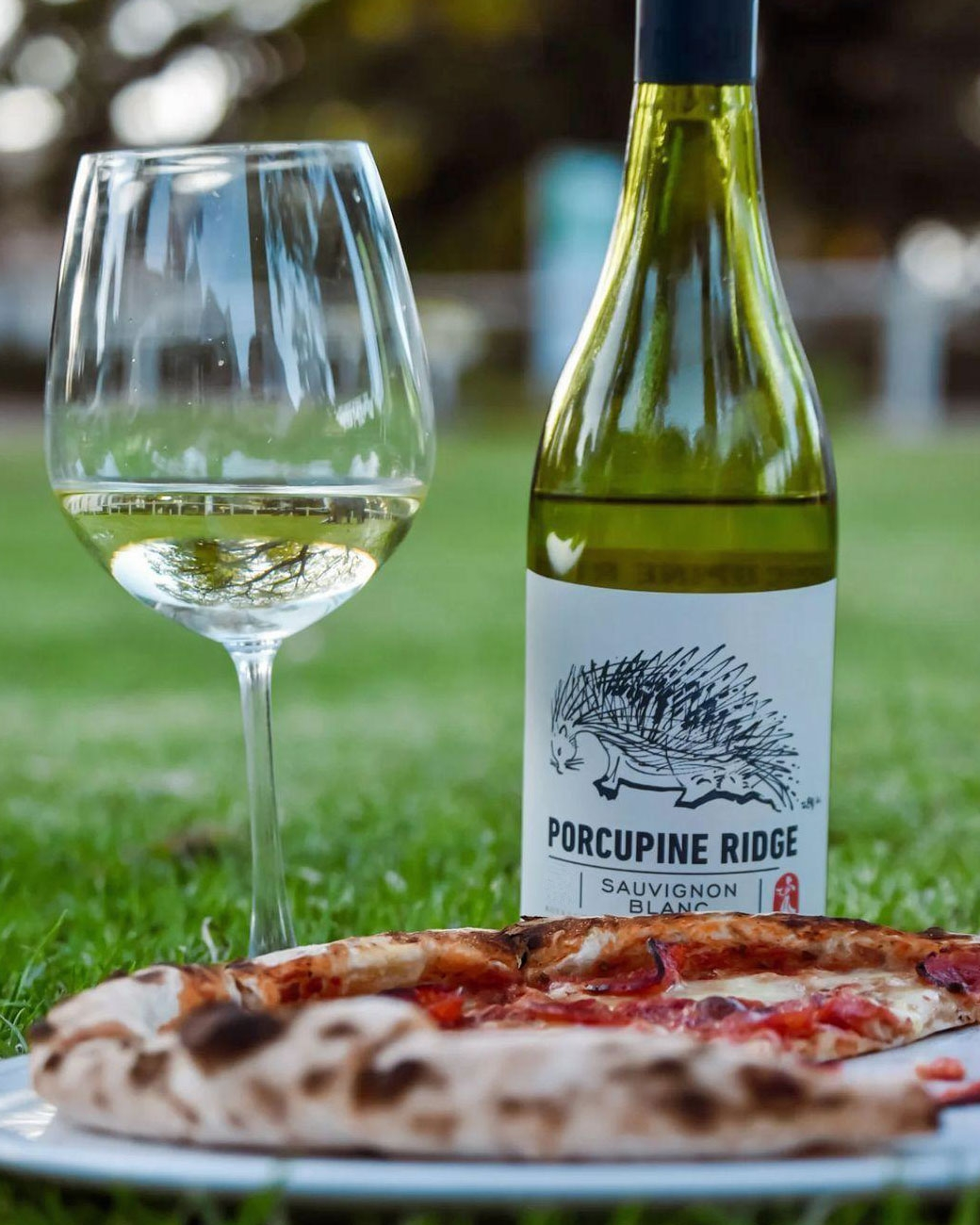 Ein Glas und eine Flasche Porcupine Ridge Sauvignon Blanc stehen im Gras hinter einem Pizzateller mit einem unscharfen Hintergrund im Freien.