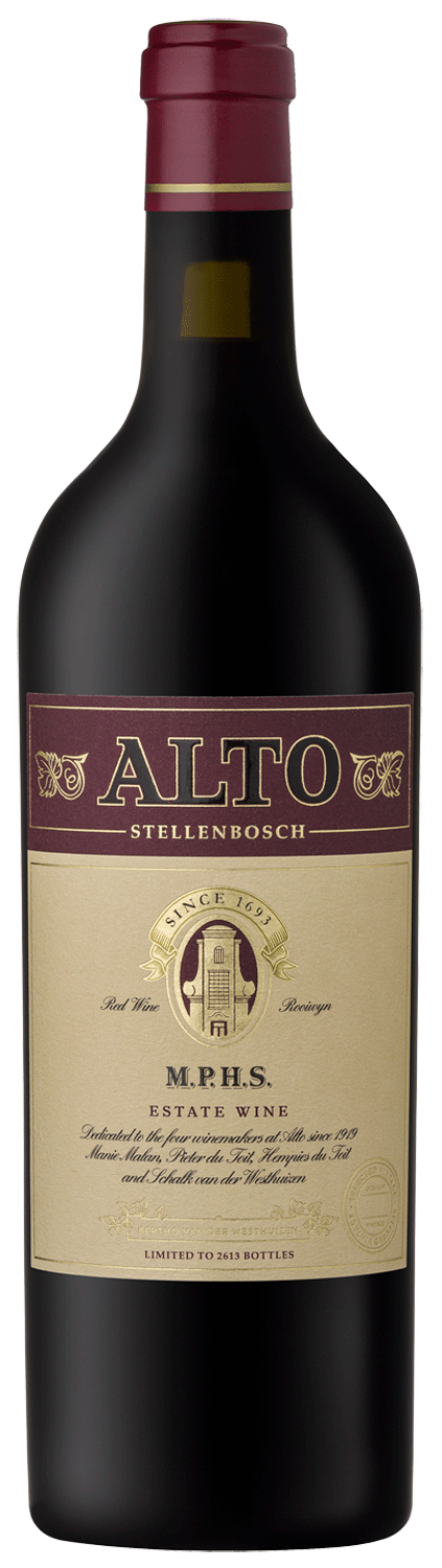 Eine Flasche Alto Stellenbosch-Rotwein mit kastanienbraunem und goldenem Etikett, auf dem das Alto-Logo, Angaben zum Weingut und eine kastanienbraune Folie auf dem Deckel abgebildet sind.