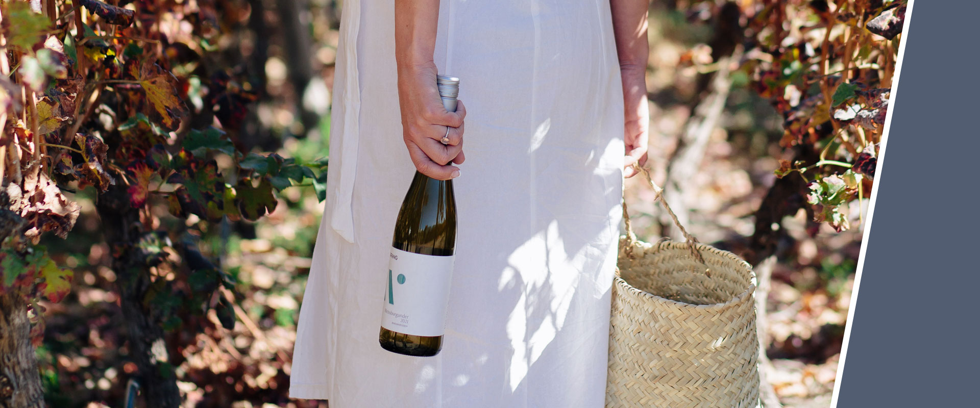 Frau in weißem Kleid trägt eine Weinflasche und einen Korb in einem Weinberg