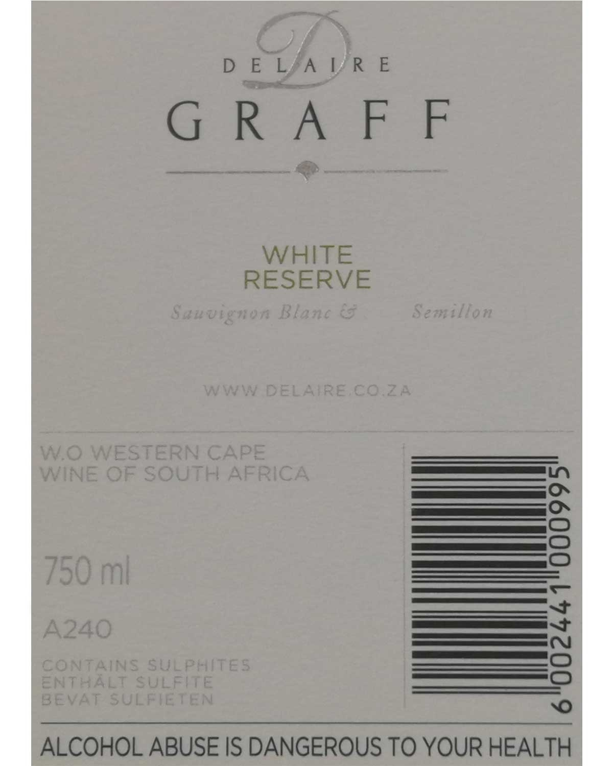 Weinetikett für Delaire Graff White Reserve, Sauvignon Blanc & Semillon, 750ml, aus Westkap, Südafrika. Enthält Sulfite, Barcode auf der rechten Seite und Gesundheitswarnung am unteren Rand.