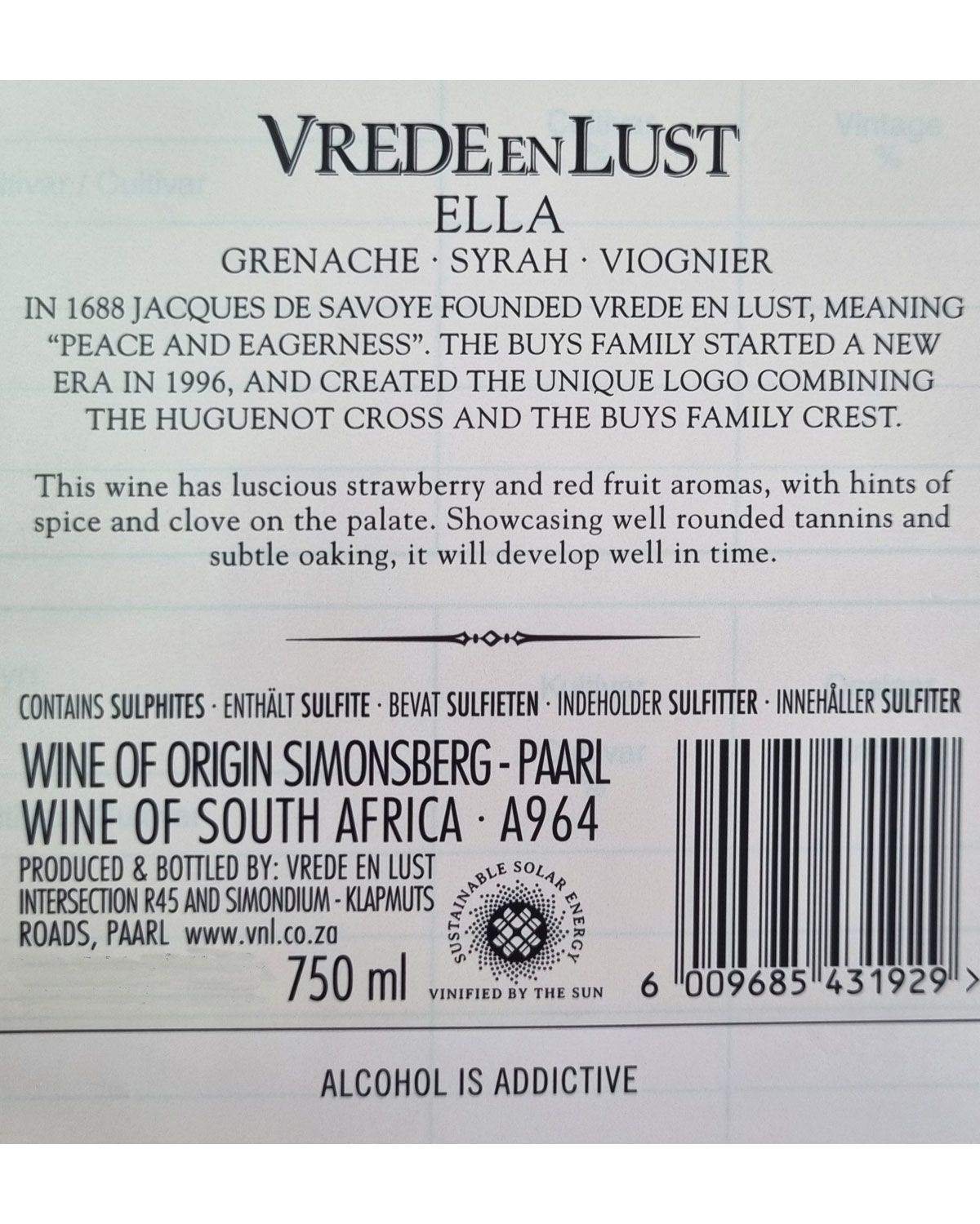 Eine Flasche Vrede en Lust Rotwein mit der Aufschrift "Ella", die eine Vogelillustration zeigt und die Trauben Syrah, Grenache und Viognier aufführt. Der Wein wird in Südafrika hergestellt und hat eine goldene Kapsel.