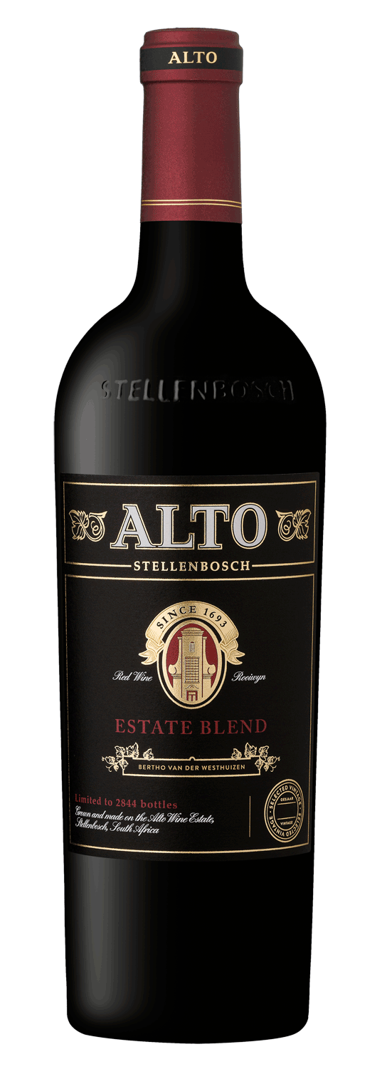 Eine Flasche Alto Estate Blend Rotwein mit einem dunklen Etikett mit goldenen und roten Akzenten, dem Namen ALTO am oberen Rand und einem Text, der angibt, dass er aus Stellenbosch, Südafrika, stammt.