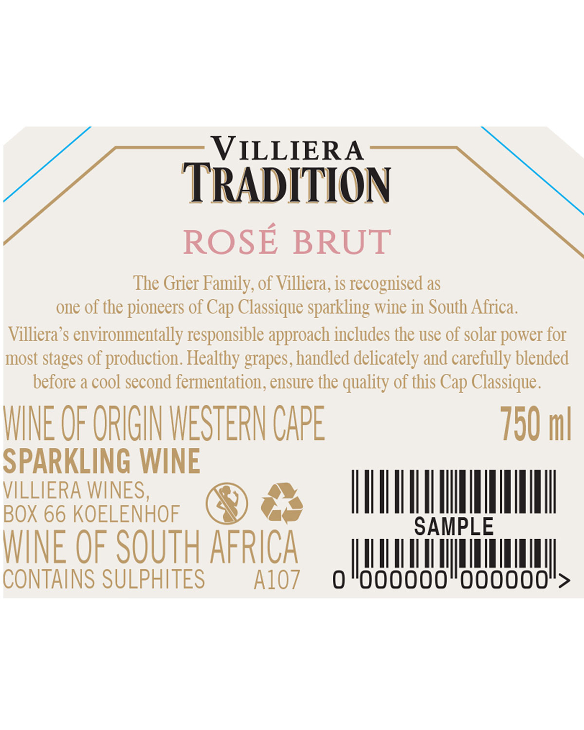 Weinflaschenetikett für Villiera Tradition Rosé Brut, mit goldenem und rosafarbenem Text, einer Beschreibung der solarbetriebenen Weinproduktion in Südafrika, einem Volumen von 750 ml, einem Strichcode und einer Probenmarkierung.