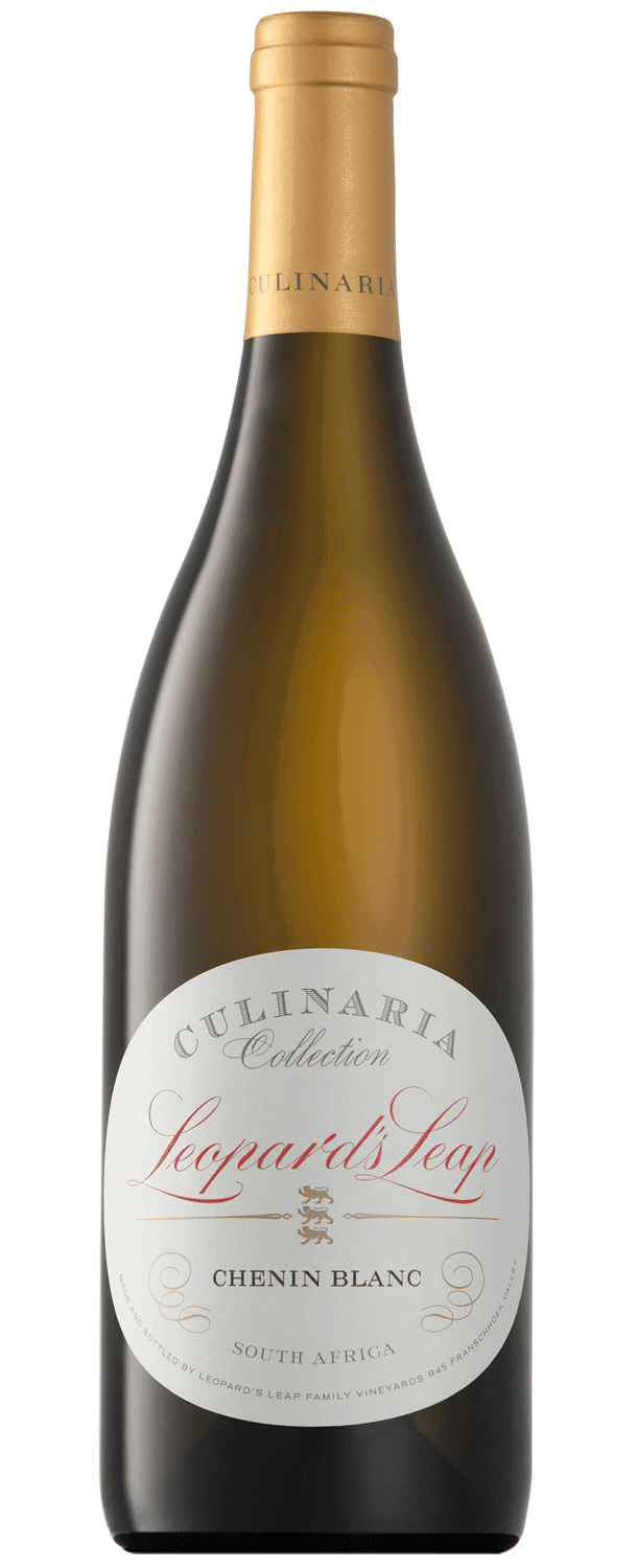 Eine Flasche Leopard's Leap Culinaria Collection Chenin Blanc Wein aus Südafrika mit einem goldenen Folienverschluss und einem eleganten weißen Etikett mit rotem und goldenem Text.