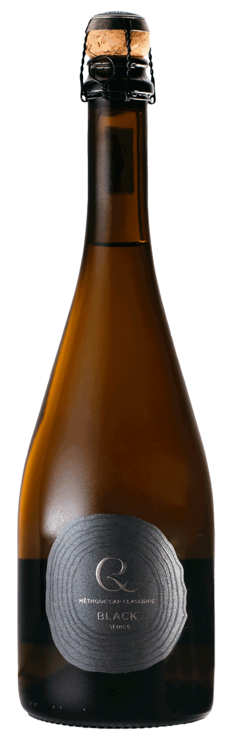 Eine Champagnerflasche aus dunklem Glas mit Korken und Drahtkäfig, mit einem metallisch schwarzen Etikett mit stilisiertem Text und kreisförmigem Design. Das Etikett trägt die Aufschrift BLACK und hat ein modernes, minimalistisches Aussehen.