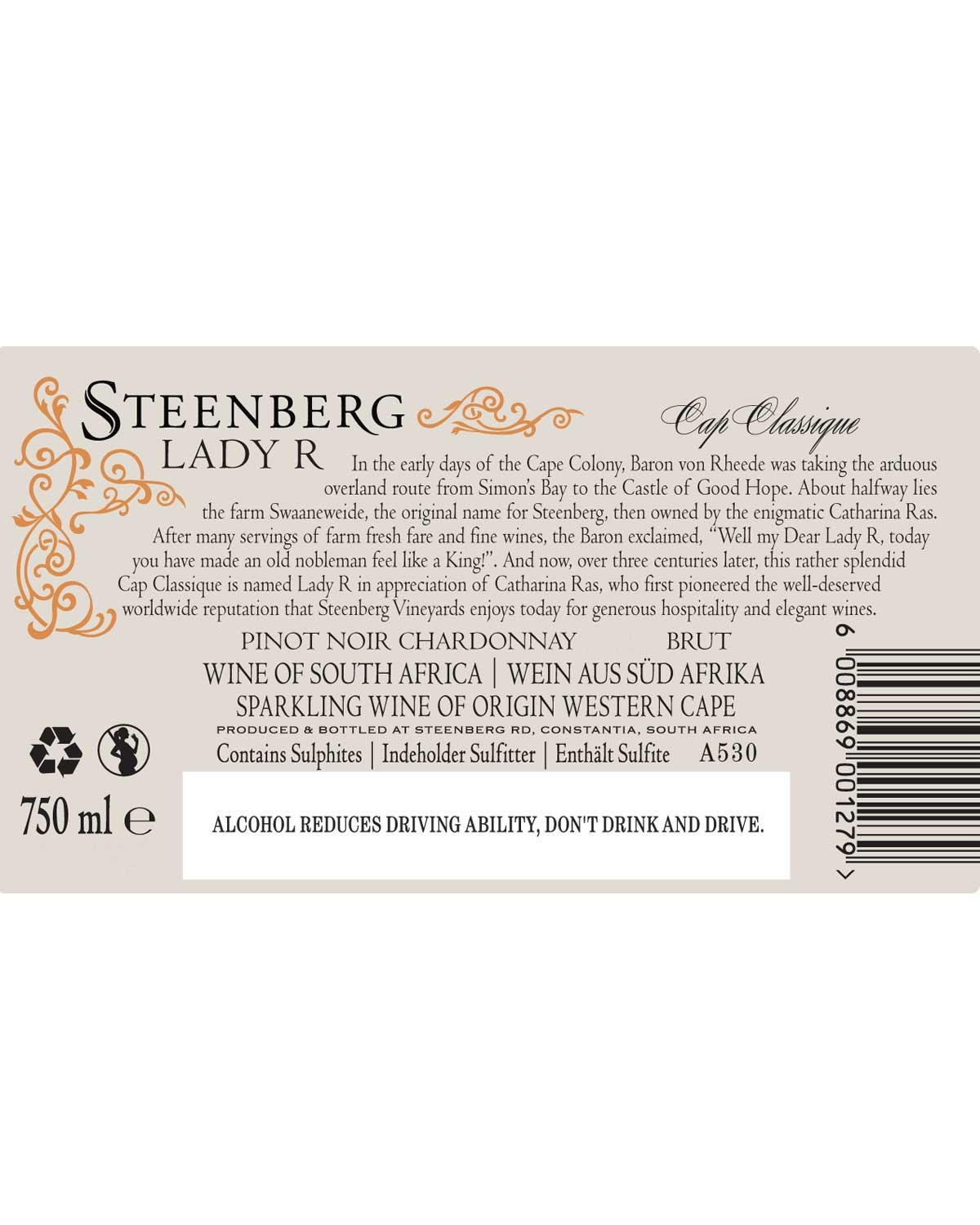 Weinflaschenetikett für Steenberg Lady R Cap Classique. Der Text beschreibt die Herkunft und die Geschichte des Weins, nennt Details wie Rebsorten (Pinot Noir, Chardonnay), Region (Südafrika), Volumen (750 ml) und enthält eine Warnung vor verantwortung