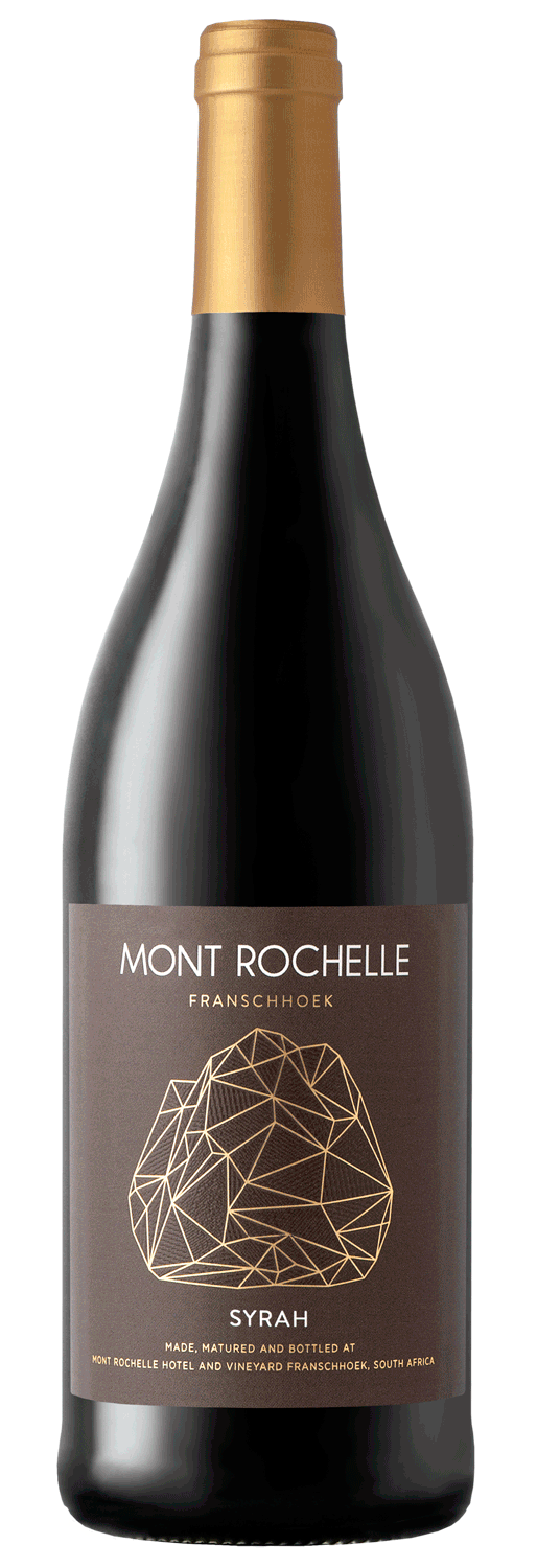 Eine Flasche Mont Rochelle Franschhoek Syrah Wein mit einem goldenen geometrischen Muster auf einem braunen Etikett und einem goldenen Folienverschluss. Das Etikett weist darauf hin, dass er in Südafrika hergestellt wird.
