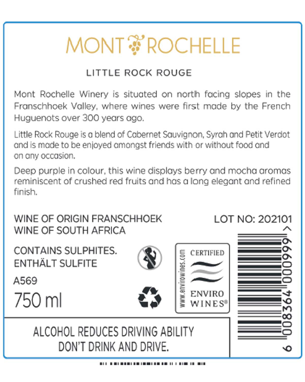 Weinetikett für Mont Rochelle Little Rock Rouge, Angaben zu Herkunft (Franschhoek, Südafrika), Verschnitt (Cabernet Sauvignon, Syrah, Petit Verdot), Verkostungsnotizen, Jahrgang, enthält Sulfite, 750 ml, und staatliche Warnhinweise.