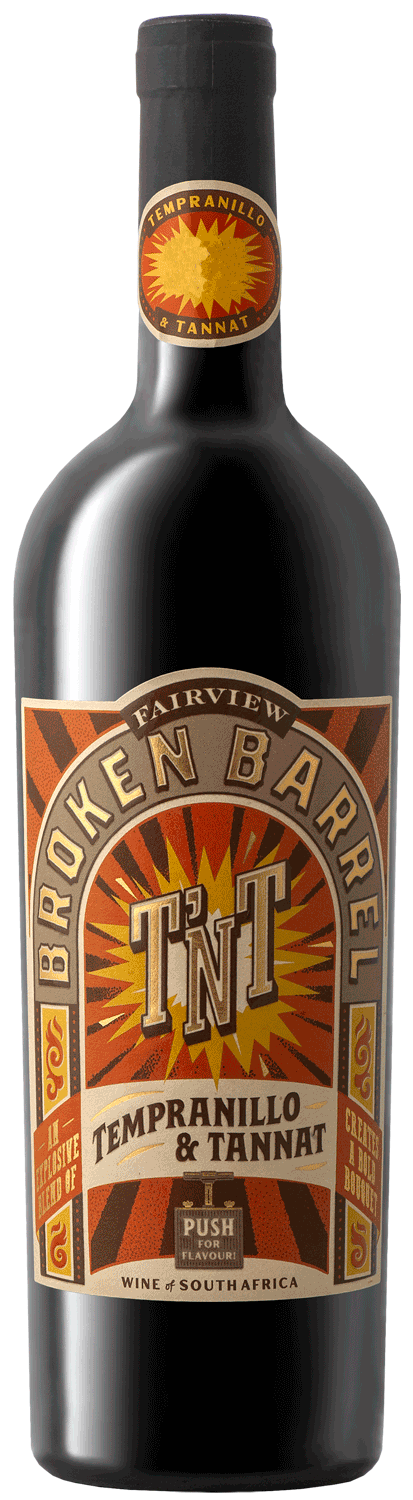 Eine Weinflasche aus dunklem Glas mit der Aufschrift Broken Barrel TNT Tempranillo & Tannat mit fettem Text im Vintage-Stil und Grafiken in Orange, Braun und Gelb. Auf dem Etikett steht, dass es sich um einen südafrikanischen Wein handelt.