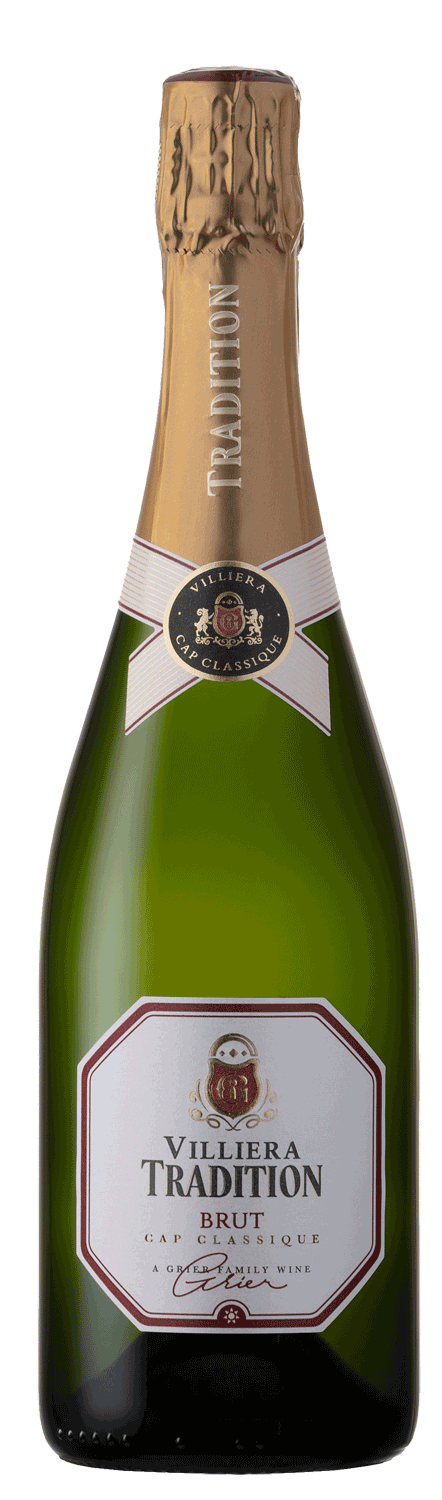 Eine Flasche Villiera Tradition Brut Schaumwein mit Goldfolie, weißem und rotem Etikett und der Aufschrift Methode Cap Classique und Cape Sparkling Wine auf der Vorderseite.