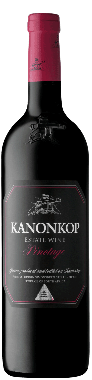 Eine Flasche Kanonkop Estate Wine mit einem dunklen Etikett, roter Folie am Hals und einem Text, der darauf hinweist, dass es sich um einen Pinotage aus Stellenbosch, Südafrika, handelt, mit einer Kanonenillustration auf dem Etikett.