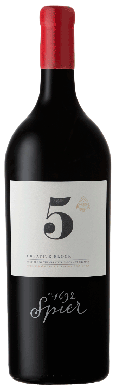 Eine Flasche Spier Creative Block 5 Rotwein mit rotem Wachssiegel, weißem Etikett mit der großen Zahl 5 und dem Schriftzug Spier am Boden.