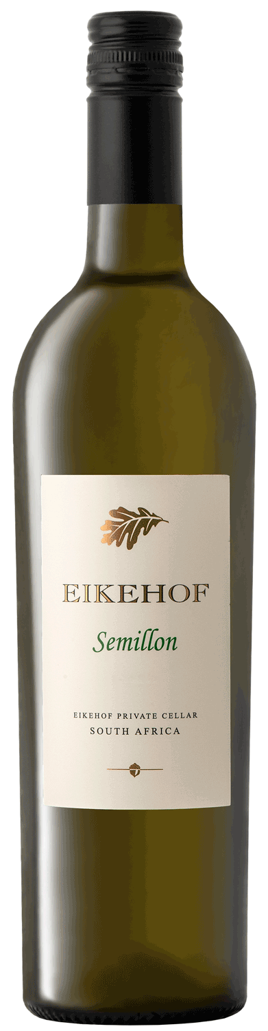Eine Flasche Eikehof Semillon Wein aus Südafrika mit einem weißen Etikett mit goldener und grüner Schrift und einer kleinen Illustration eines Blattes oberhalb des Markennamens.