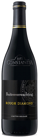 Eine Flasche Buitenverwachting Rough Diamond Rotwein mit schwarzem Etikett, goldener und weißer Schrift und dem Schriftzug Limited Release am unteren Rand.