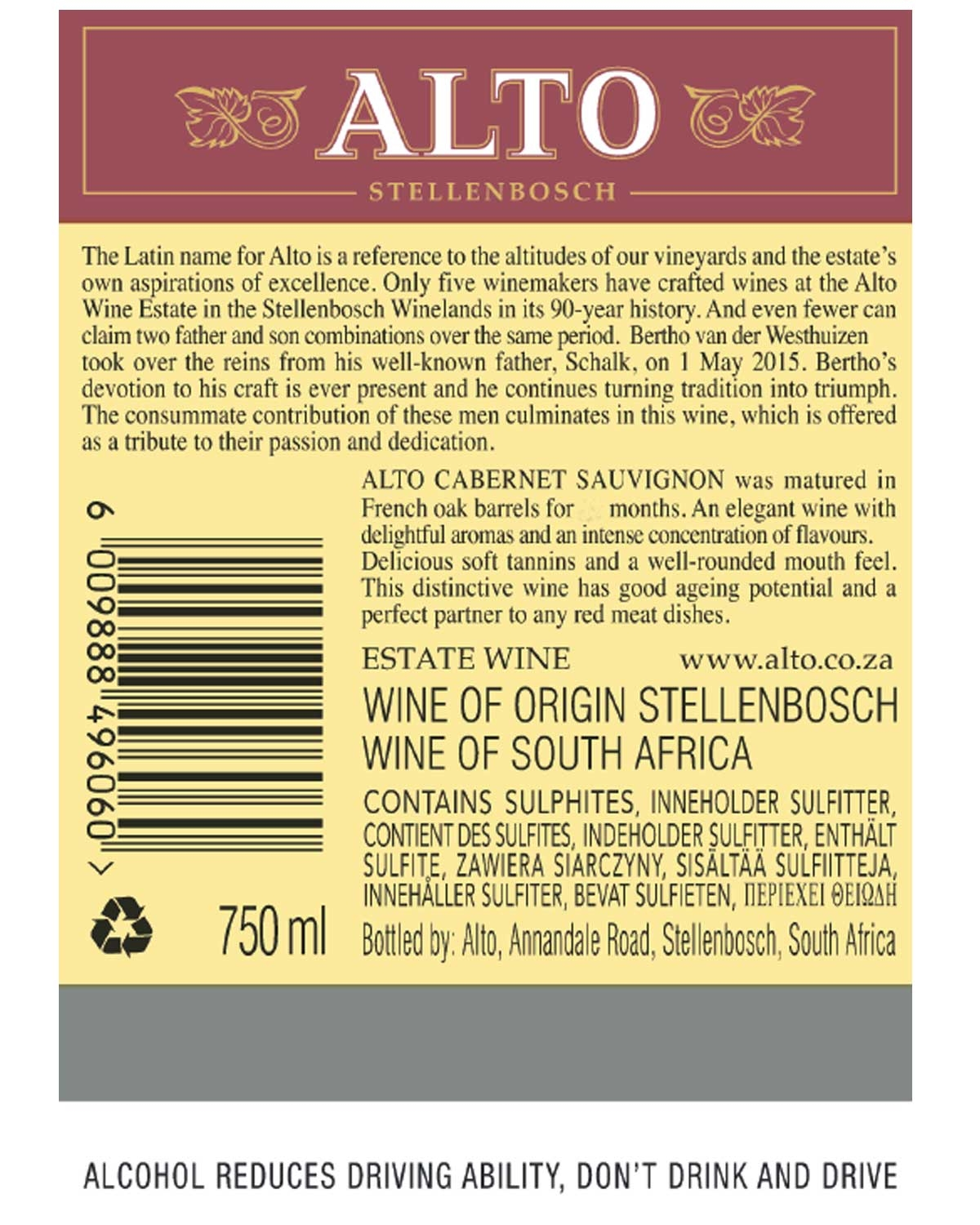 Weinflaschenetikett für Alto Stellenbosch mit Gold-, Creme- und Rottönen. Enthält Informationen über das Weingut, eine Beschreibung des Weins, Alkoholgehalt, Volumen (750 ml), Zutaten, Warnhinweise und Kontaktinformationen. Text: "ALKOHOL VERMINDERT D