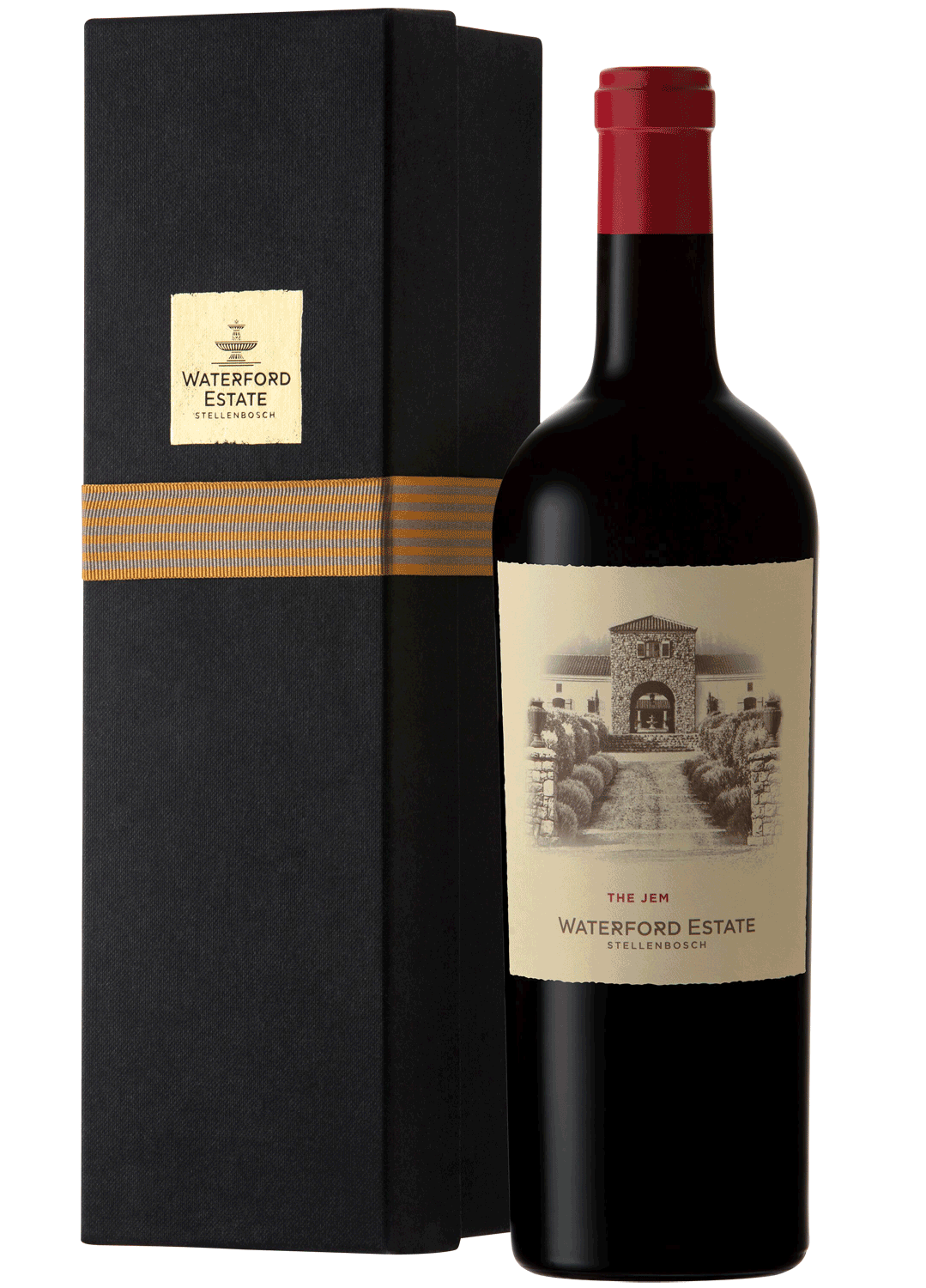 Eine Flasche Waterford Estate Rotwein mit rotem Verschluss und einem Etikett mit der Abbildung eines Steingebäudes steht neben einem schwarzen Geschenkkarton mit goldenem Etikett und Schleife.