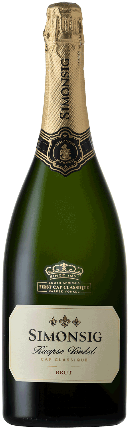 Eine Flasche Simonsig Kaapse Vonkel Cap Classique Brut Sekt mit einem Goldfolienverschluss und einem cremefarbenen Etikett mit dem Simonsig-Logo und Weinangaben.