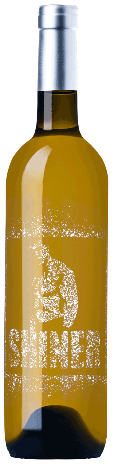Eine Klarglasflasche mit einem silbernen Deckel, auf dessen Etikett ein sich beugender Bodybuilder und das Wort SHINER in fetten, funkelnden Buchstaben abgebildet sind. Die Flasche scheint ein helles Getränk zu enthalten.